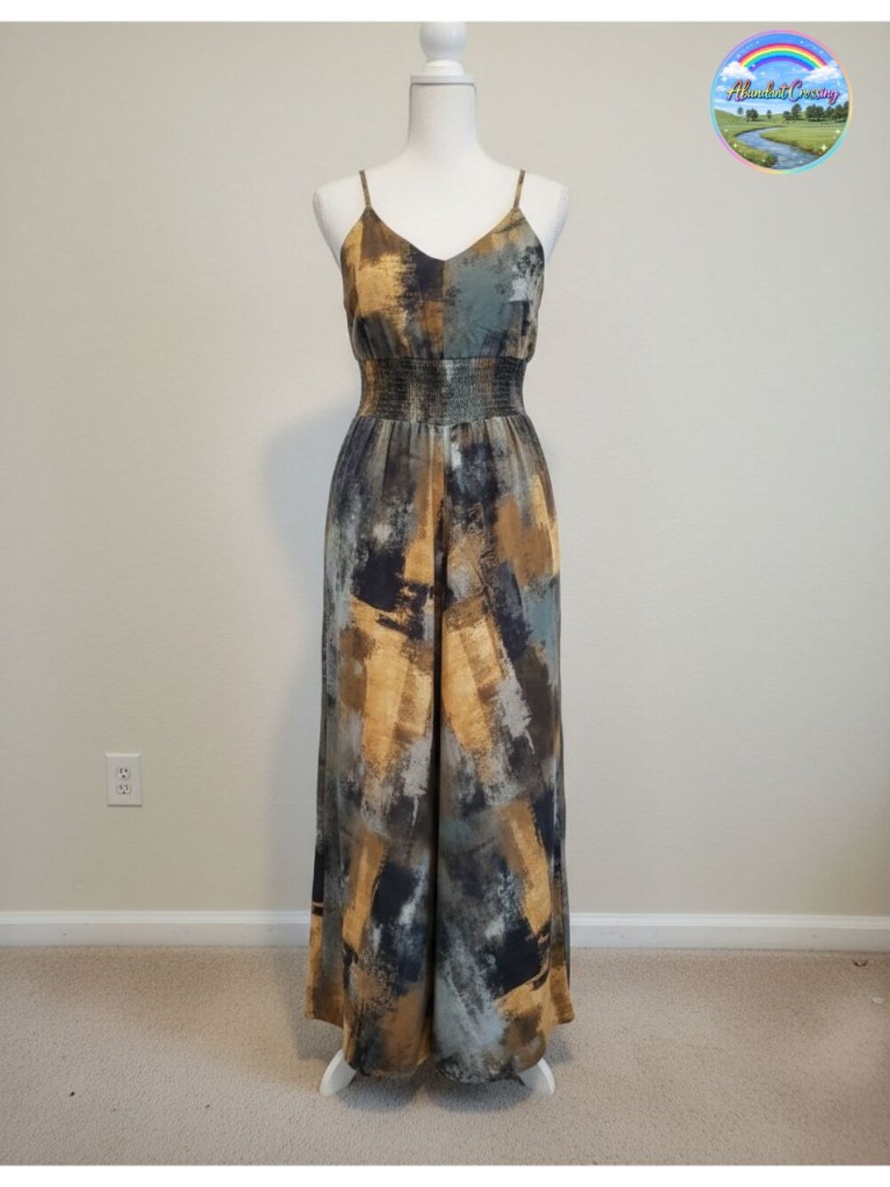 CHICME Abstract Print Jumpsuit V-Neck Smocked Wide Leg Maxi